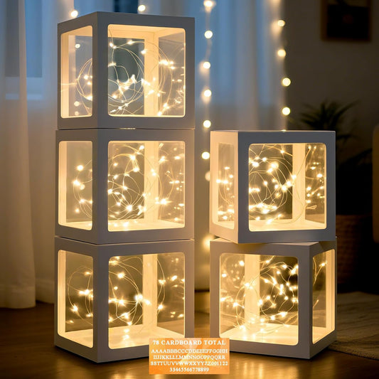 Ledido Transparent Balloon Boxes, Clear Balloon Boxes with 5 Pcs String Lights and 78 Letters for Baby Shower Gender Reveal Grad Birthday Party Anniversary Bridal Wedding Decor - 5 White Boxes