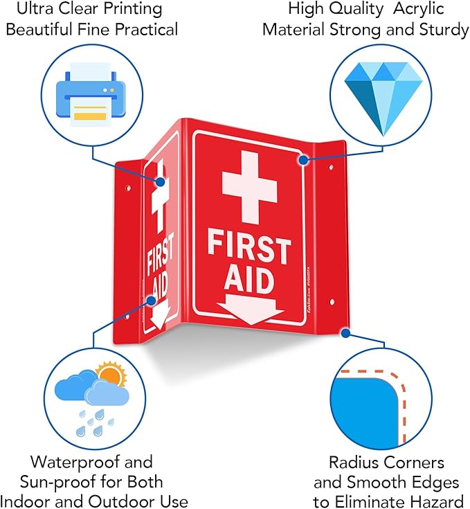 Faittoo First Aid Sign, 3 Pack First Aid with Cross Symbol - 6 x 8 Inches V-Shaped Acrylic Plastic, 4 Pre-Drilled Holes, Includes Matching Screws, Use for Home Office/Business