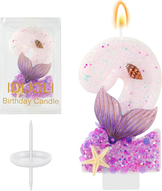 Purple Number 2 Candles Mermaid Birthday Candle 2nd Birthday Cake Topper Cupcake Decorations for Girls and Women Party Decor Anniversary Celebrations Supplies Favors