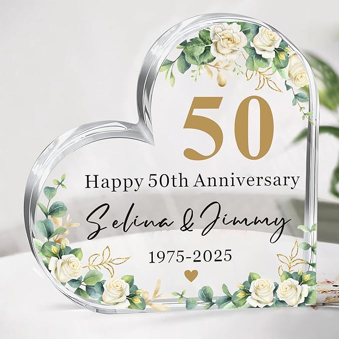Personalized Wedding Anniversary Cake Topper, Acrylic Heart Wedding Cake Topper Decorations Gifts for Couple, Happy Anniversary Cake Toppers for 50th 25th 60th 40th