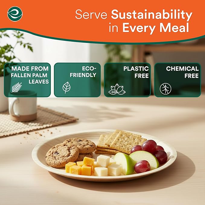 ECO SOUL 6 Inch Disposable Palm Leaf Plates [200 Pack] Premium Food-Safe Heavy Duty Compostable Bamboo Paper Plates for Dessert, Dinner, Apetizers, Weddings, Party, Camping & Catering Events [Round]