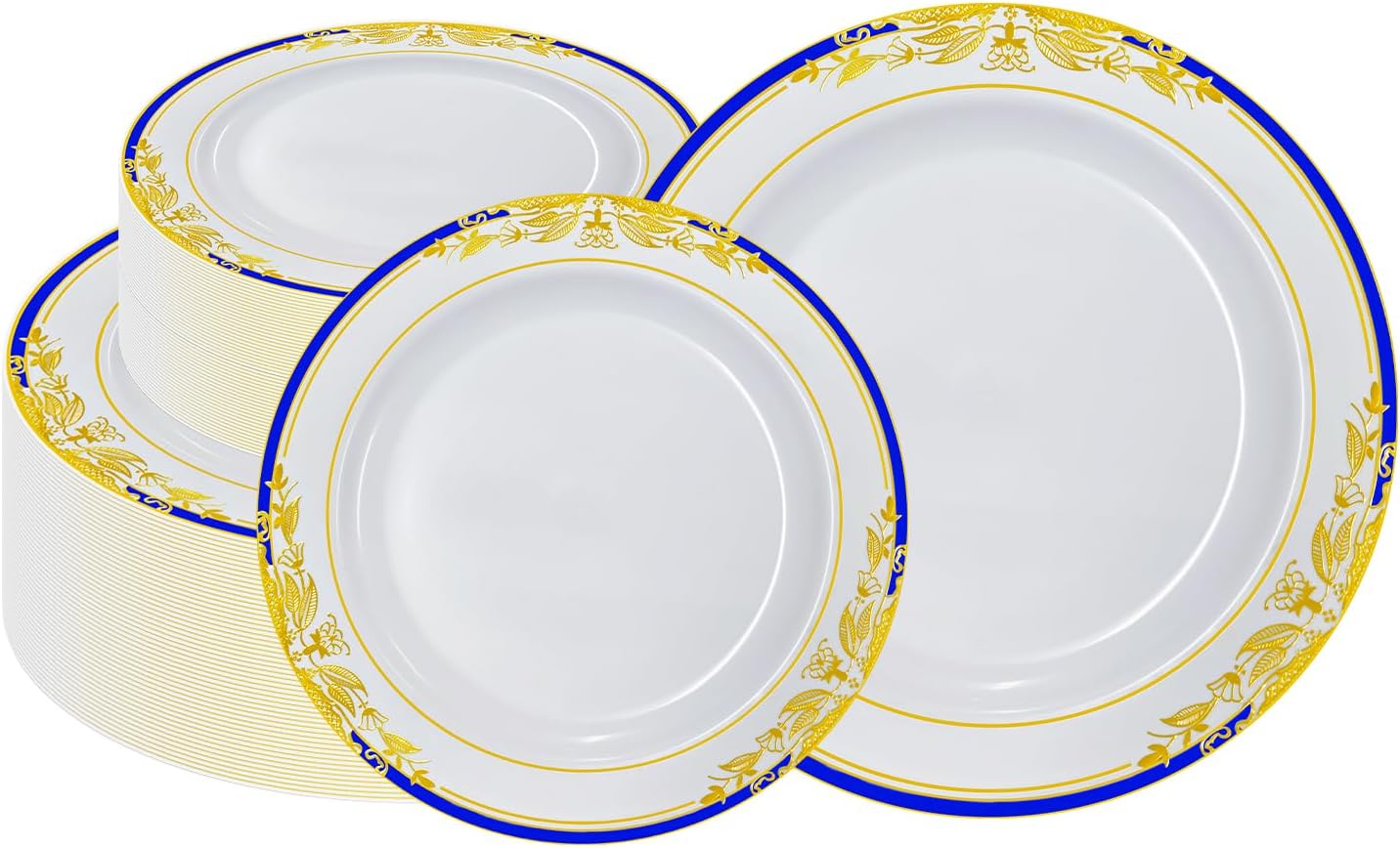 MENDENG 100Pcs Disposable Plastic Plates for Party, 50x7.5Inch & 50x10.25Inch Elegant Fancy Plastic Wedding Plates Disposable, Heavy Duty Dessert Party Dinner Plates