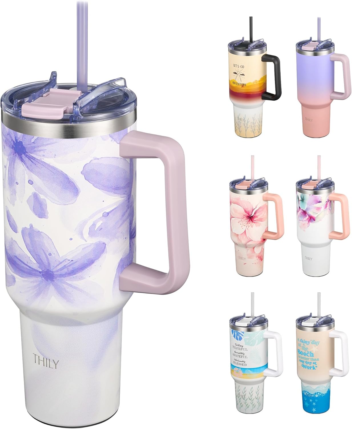 THILY 40 oz Stainless Steel Tumbler with Handle - Vacuum Insulated Travel Cup, Splash-Proof & Leakproof Lid, 2 Straws & Brush | Keeps Cold 34H/Hot 12H, Cupholder Friendly, Violet Leaves