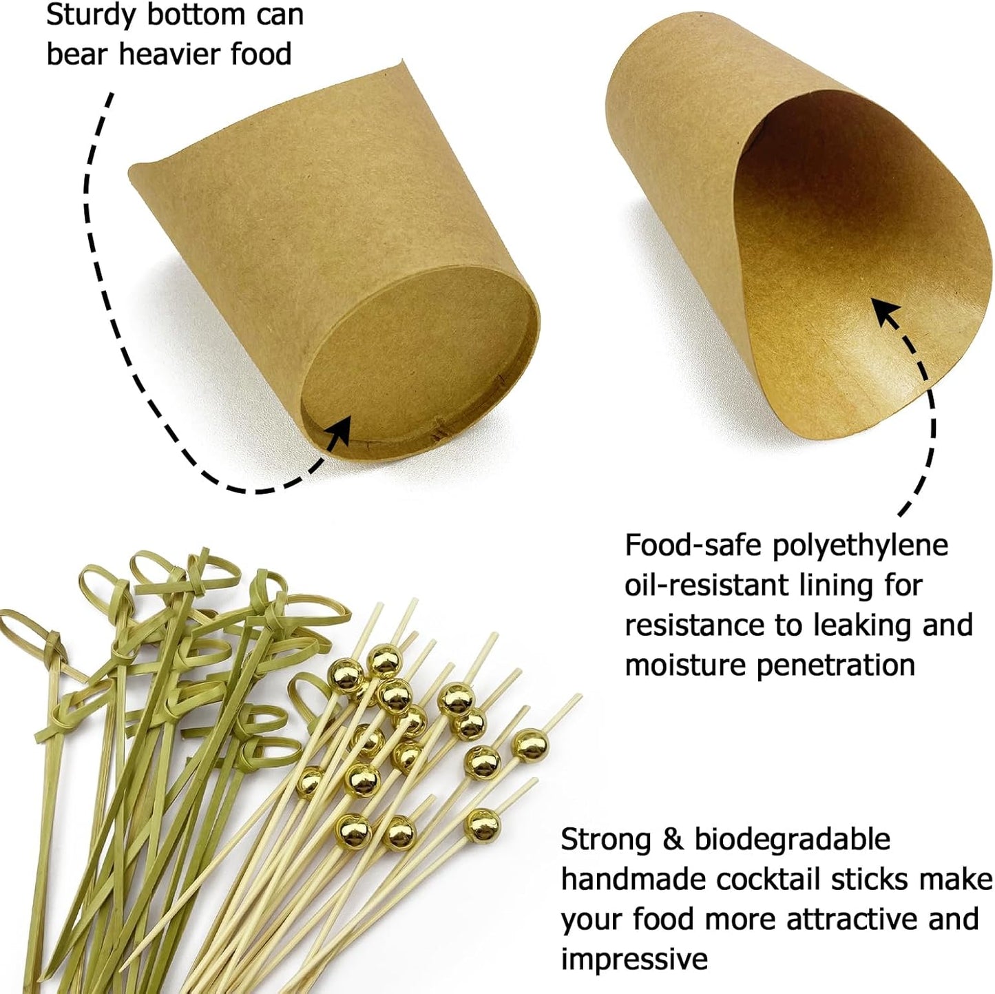 CAMKYDE 50 Charcuterie Cups + 200 Cocktail Picks + 56 Labels, 12 oz Disposable Charcuterie Cups with Sticks (2 Types), French Fry Cup Brown Paper Appetizer Cup for all Occasions