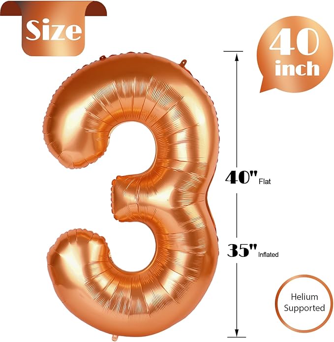 Orange Number 3 Balloon 40 Inch, 3rd Birthday Celebration Supplies for Girls Boys Women Men, 3 Balloon for Girls Boys Theme Party