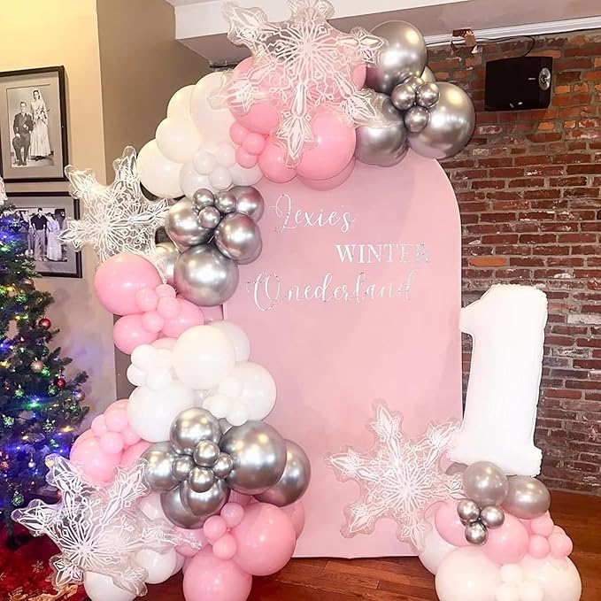 Pink and Silver Balloons Arch Kit, 134pcs Metallic Silver,Pastel Pink,Confetti Balloons Garland Kit for Winter Wonderland Baby Shower Princess Birthday Party Bridal Shower Wedding Party Decoration