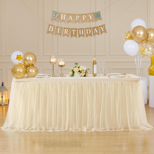 4 Pack 6ft Champagne Tulle Tablecloths for Rectangle Tables, 72 x 30 Inch Rectangular Table Cloth, Wrinkle Free Table Cover with Tutu Skirt for Wedding Birthday Party Banquet Buffet Decorations