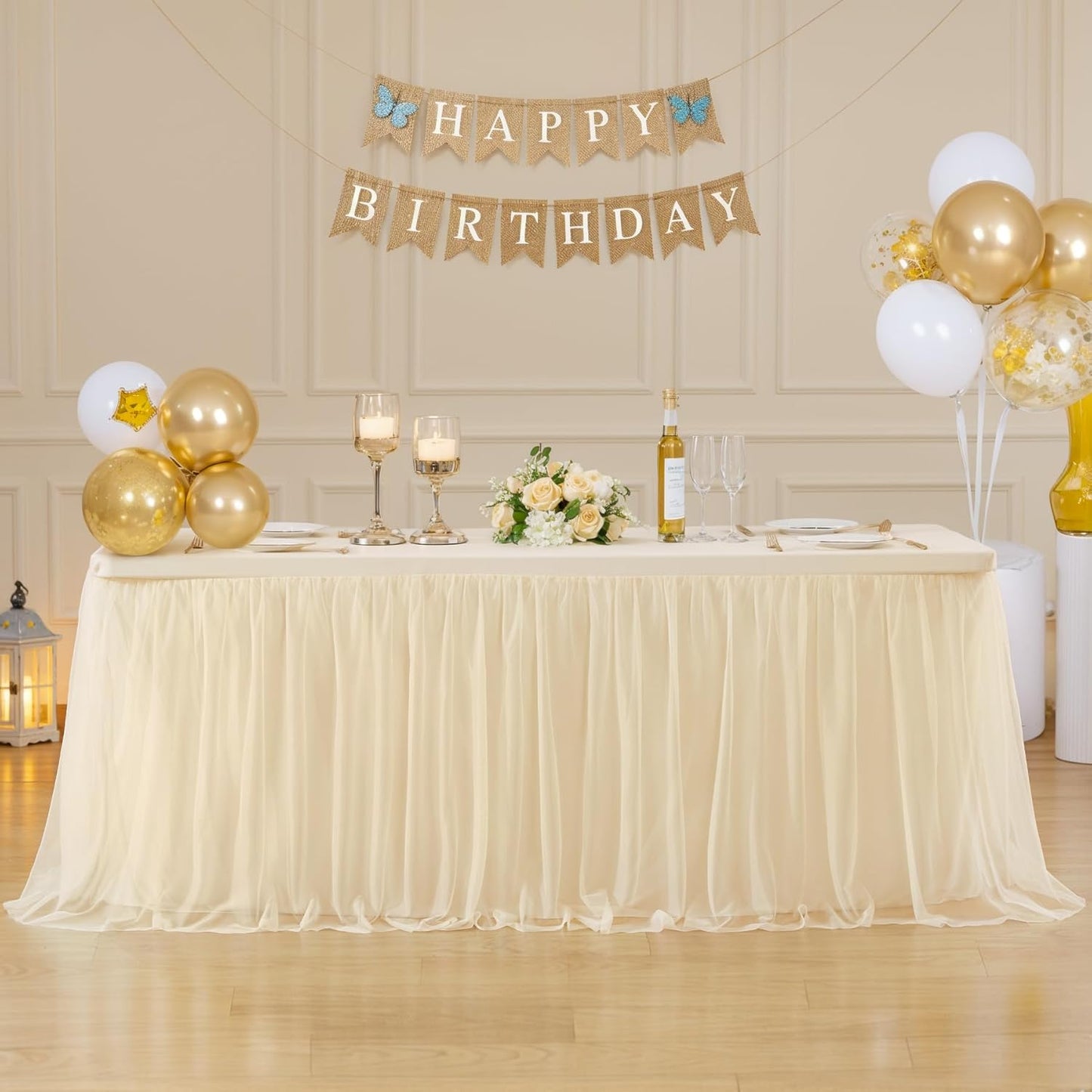 Suppromo 8ft Champagne Tulle Tablecloths for Rectangle Tables 8 Foot Stretch Rectangular Table Cloths Wrinkle Free Table Cover with Tutu Skirt for Wedding Birthday Party Banquet Buffet Cake Event