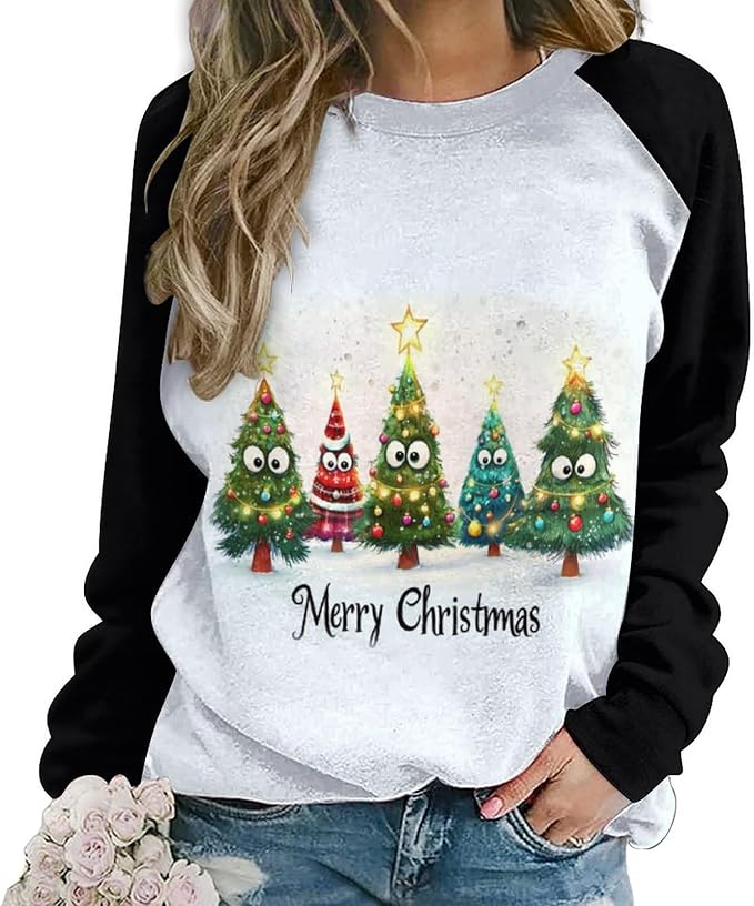 LOAIHA Christmas Sweatshirts for Women Christmas Tree Graphic Shirt Xmas Long Sleeve Merry Christmas Pullover Blouse