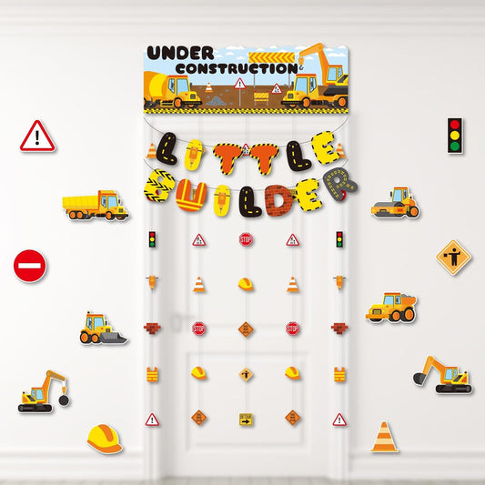 Construction Party Decorations, 20PCS Under Construction Banner Kit with Hanging Signs, Banners, Cutouts and Door Décor, Pre-Strung Building Theme Decor for Birthday or Event Setup