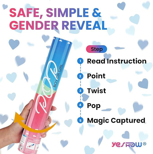 Gender Reveal Confetti Poppers, Blue Confetti Cannon 2 Pack with Heart Shaped Party Confetti for Baby Shower, Birthday, Gender Reveal Party Supplies - 12 inch