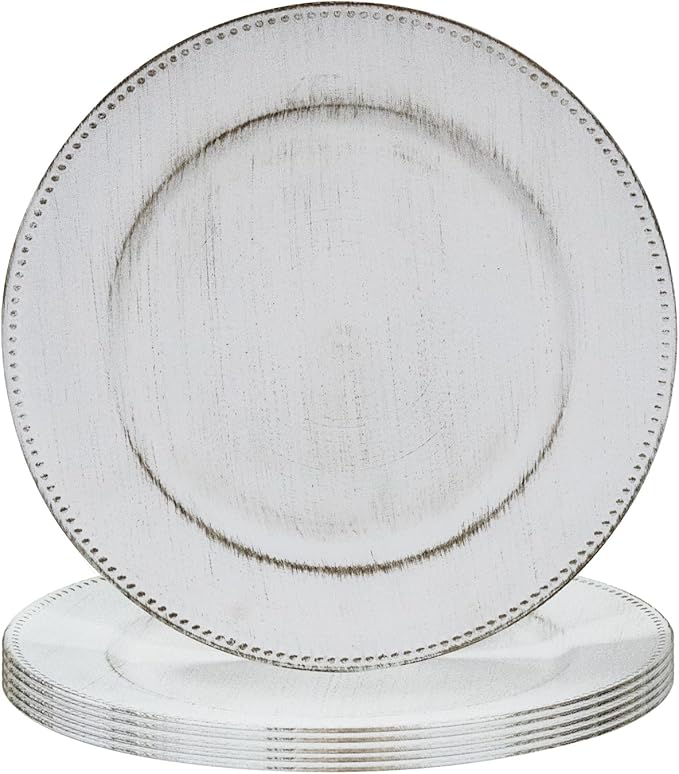MAONAME 13" Round Charger Plates Set of 6, Antique White Plate Chargers, Plastic Charger for Dinner Plates, Beaded Table Chargers for Wedding, Party