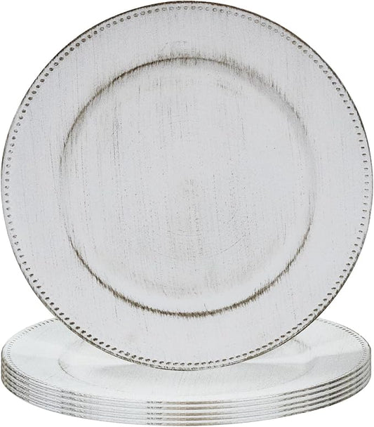 MAONAME 13" Round Charger Plates Set of 6, Antique White Plate Chargers, Plastic Charger for Dinner Plates, Beaded Table Chargers for Wedding, Party