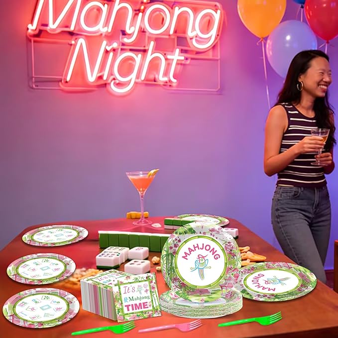 OBUSATT 96Pcs Mahjong Party Supplies Mahjong Paper Plates Napkins and Forks Mah jong Birthday Party Decorations Green and Pink Dinnerware for Home Special Events Game Night Tableware Serves 24