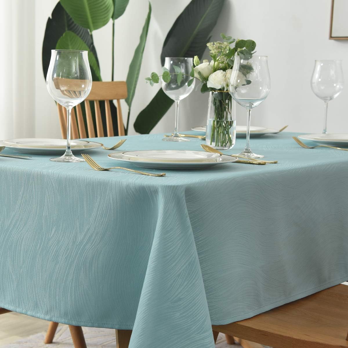 maxmill Square Table Cloth Swirl Design Water Proof Wrinkle Free Spillproof Heavy Weight Soft Tablecloth Decorative Fabric Table Cover for Outdoor and Indoor Square 70 x 70 Inch Turquoise