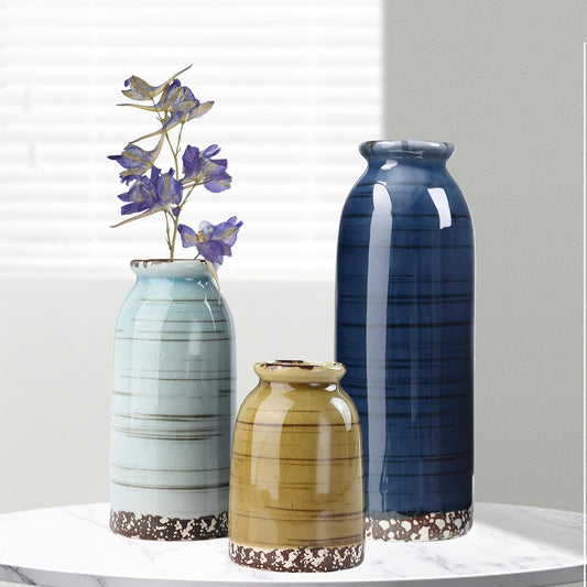 Ceramic Vase Set of 3, Glossy Glazed Surface 8.7" Tall Table Modern Farmhouse Decorative Small Flower Vase for Christmas Home Decor Bookshelf Living Room Bedroom Blue