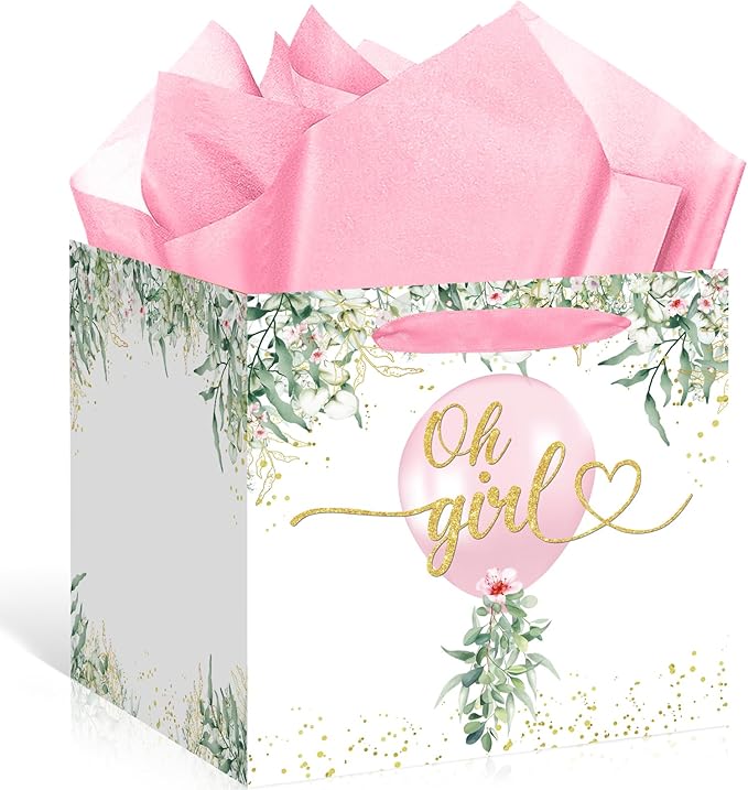 Woosytoo Extra Large Baby Girl Gift Bag Greenery Baby Shower Square Gift Bags with Tissue Paper Oh Girl Watercolor Pink Balloon Wrapping Paper Bag for Girls Baby Shower Gender Reveal Party Favors