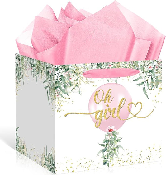 Woosytoo Extra Large Baby Girl Gift Bag Greenery Baby Shower Square Gift Bags with Tissue Paper Oh Girl Watercolor Pink Balloon Wrapping Paper Bag for Girls Baby Shower Gender Reveal Party Favors