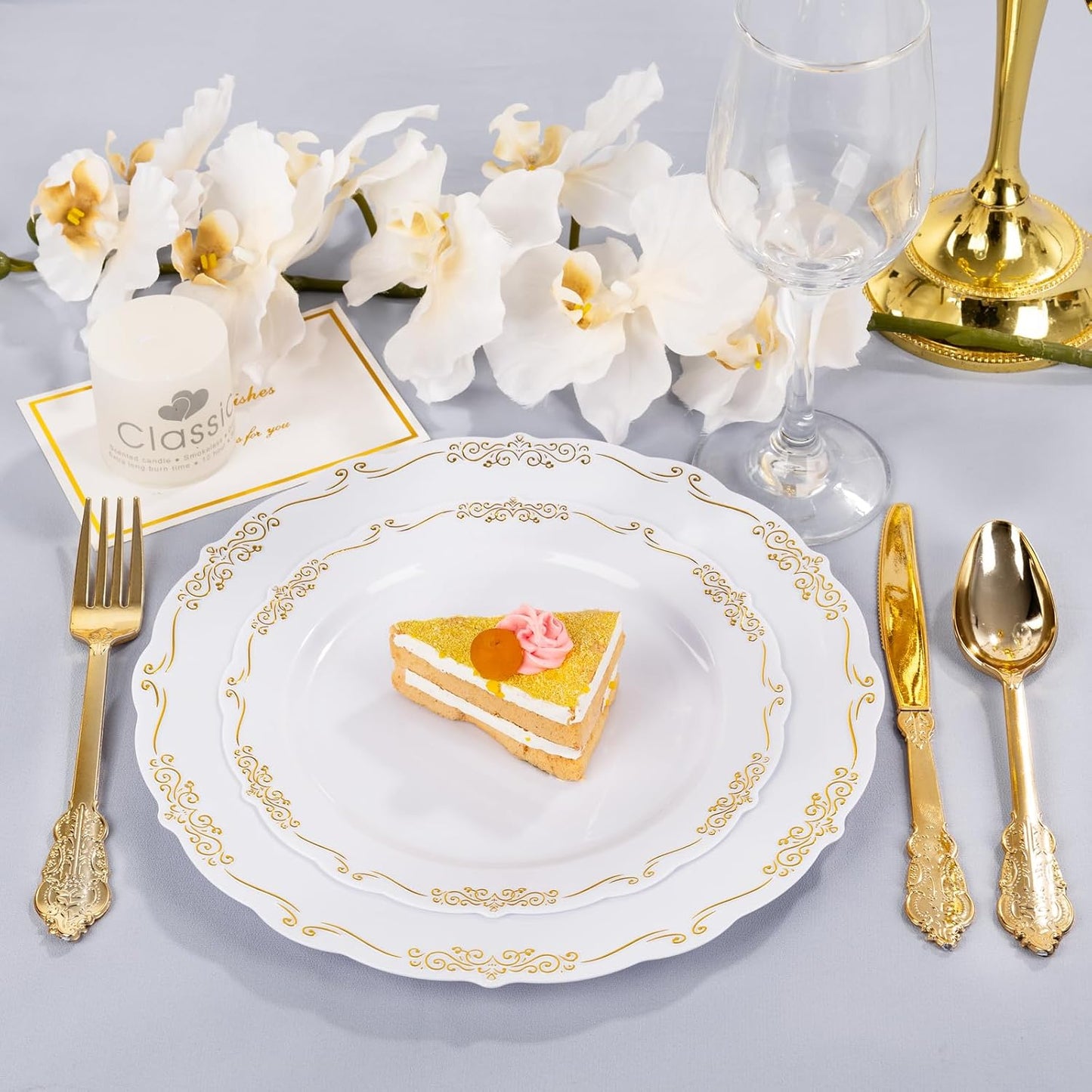 DaYammi 60PCS White and Gold Plastic Plates, Thanksgiving Plates Disposable Heavy Duty Platos Premium 7.5inch White Dessert Cake Salad Appetizer Plates Hard Plastic Platos Disposable for Party Wedding