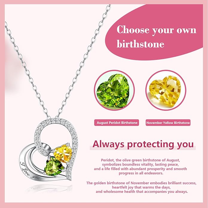 Double Birthstone Heart Necklace 0.8CT Dual-Gemstone S925 Sterling Silver Plated White Gold Engraved I Love You Perfect Anniversary/Valentine's Day Gift for Wife/Girlfriend/Mom/Daughter