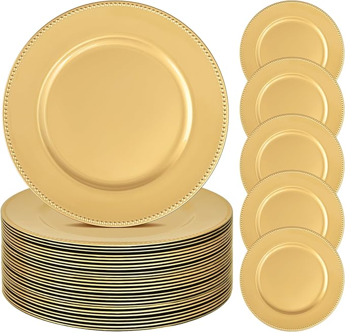 24 Pcs Gold Charger Plates Bulk, 13" Round Beaded Plate Chargers for Dinner Plates, Decorative Dinner Chargers Plastic Table Chargers for Wedding Holiday Party Baby Shower Event Decoration (Gold)