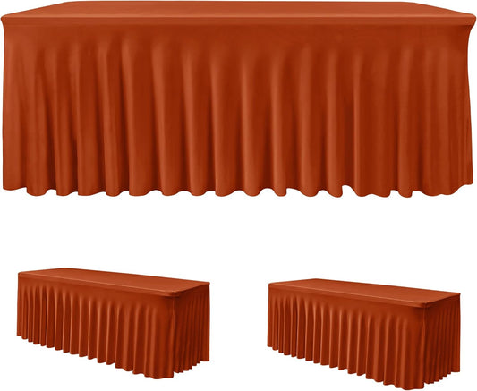 HolidayIdeas 2 Pack Spandex Table Skirts for 6 Foot Rectangle Table, Fitted Stretch 30x72 Inch Cover for Thanksgiving Decorations, Vendor Events, Rust