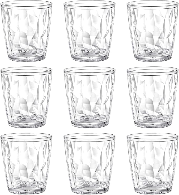Hedume 9 Pack 10-ounce Plastic Water Tumblers, Transparent Drinking Glasses, Clear Acrylic Reusable Juice Wine Cups Stackable for Home, Picnic Party