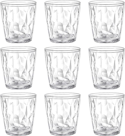 Hedume 9 Pack 10-ounce Plastic Water Tumblers, Transparent Drinking Glasses, Clear Acrylic Reusable Juice Wine Cups Stackable for Home, Picnic Party