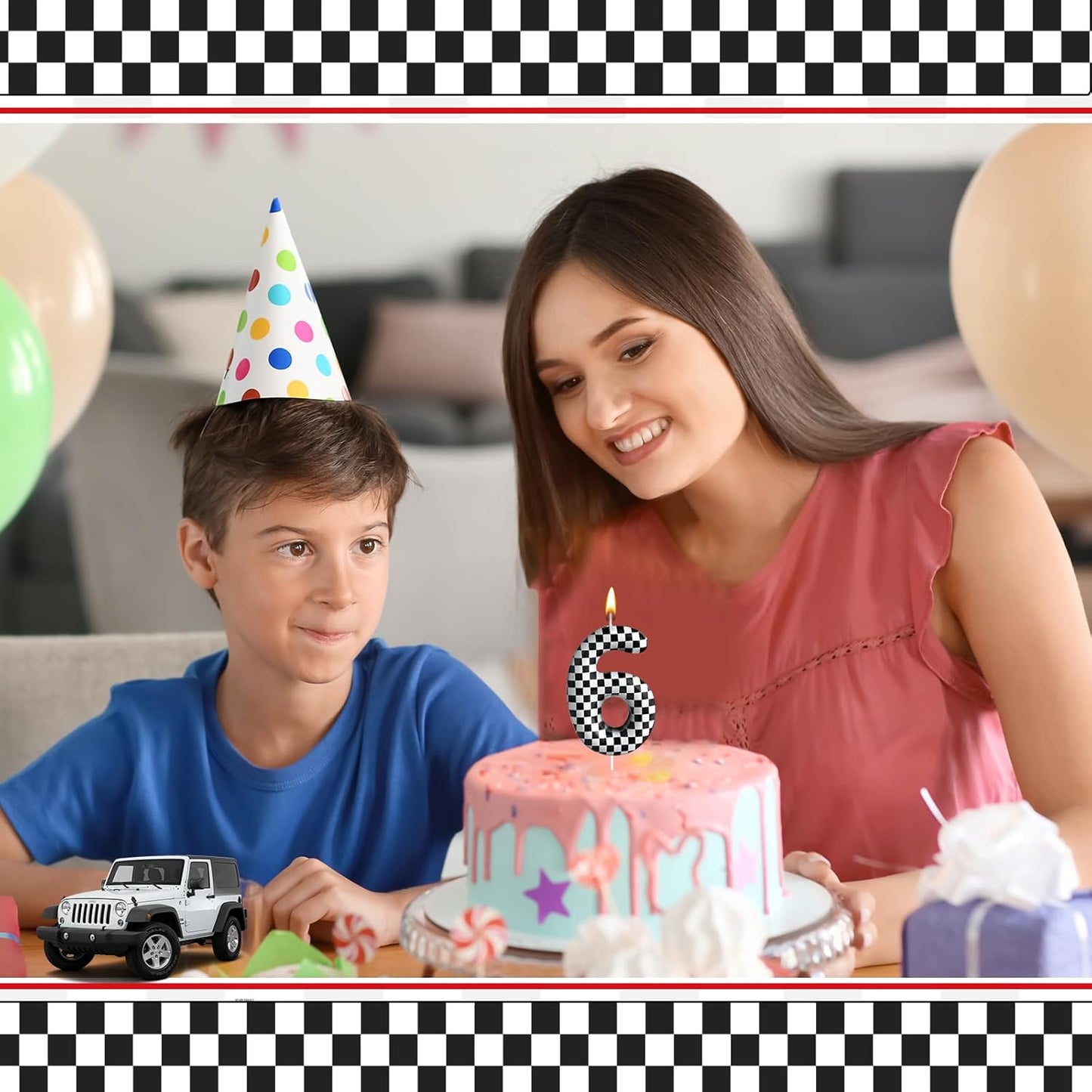 Racing Cars Themed Birthday Candle Number 6 Checkered Candle Birthday Party Decoration Cake Topper for Racing Car Party Decoration Theme Party Supplies (Number 6)