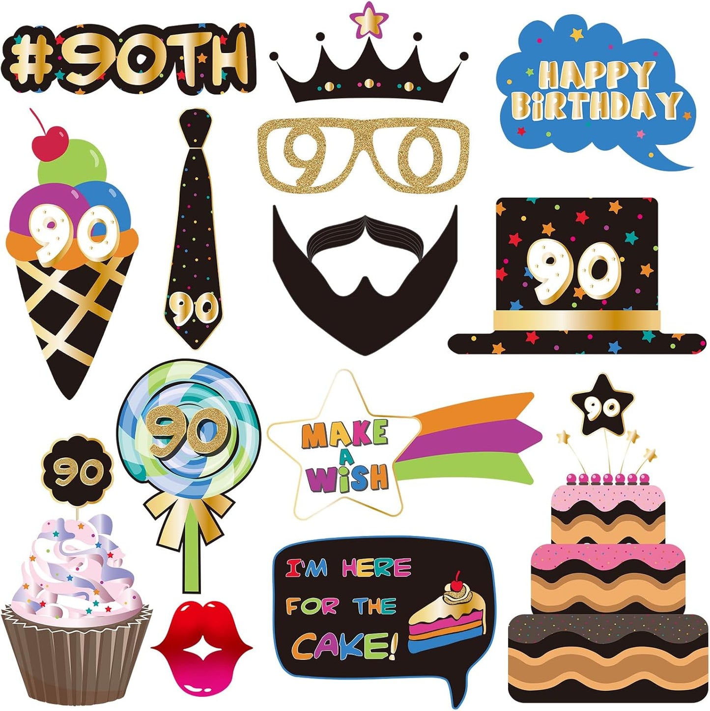 BRT Bearingshui 90th Birthday Party Photo Booth Props Accessories, 90th Happy Birthday Party Decorations Supplies Favors