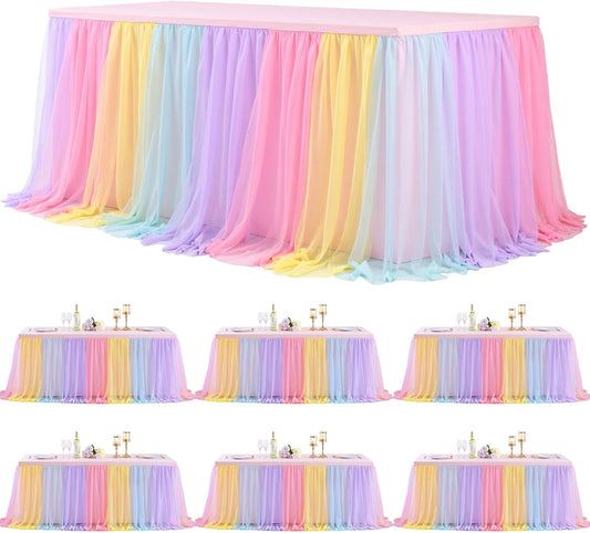 6 Pack 6ft Rainbow Tulle Tablecloths for Rectangle Tables, 6 Foot Rainbow Rectangular Table Cloth Wrinkle Free Tablecover with Tutu Skirt for Baby Shower Girls Birthday Party Banquet Buffet Cake