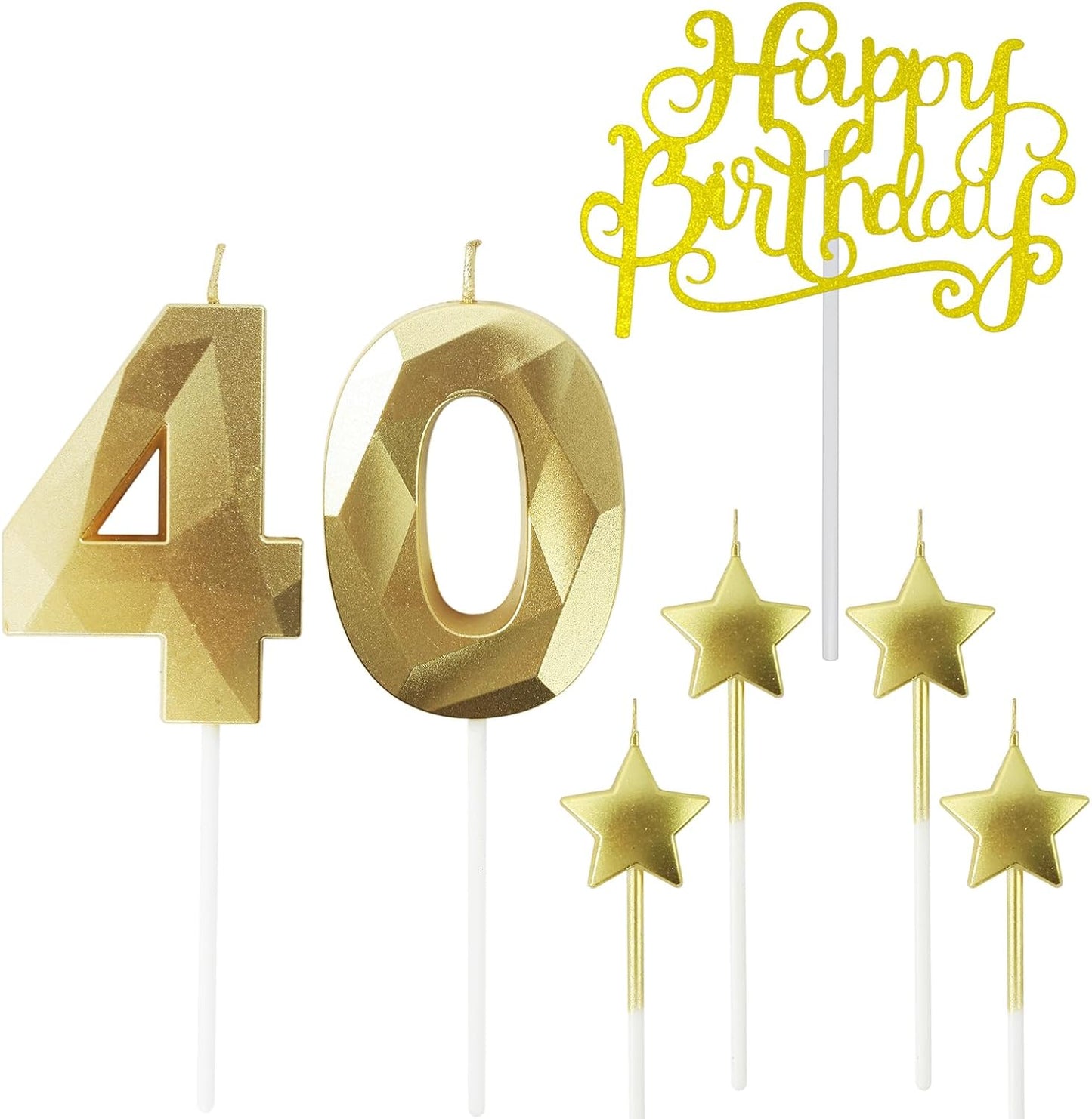 Golden Number 40 Birthday Candles and Star Birthday Candles, 2.76 inch, 3D Diamond Shaped, Suitable for Birthday Parties and Anniversary Cake Decorations