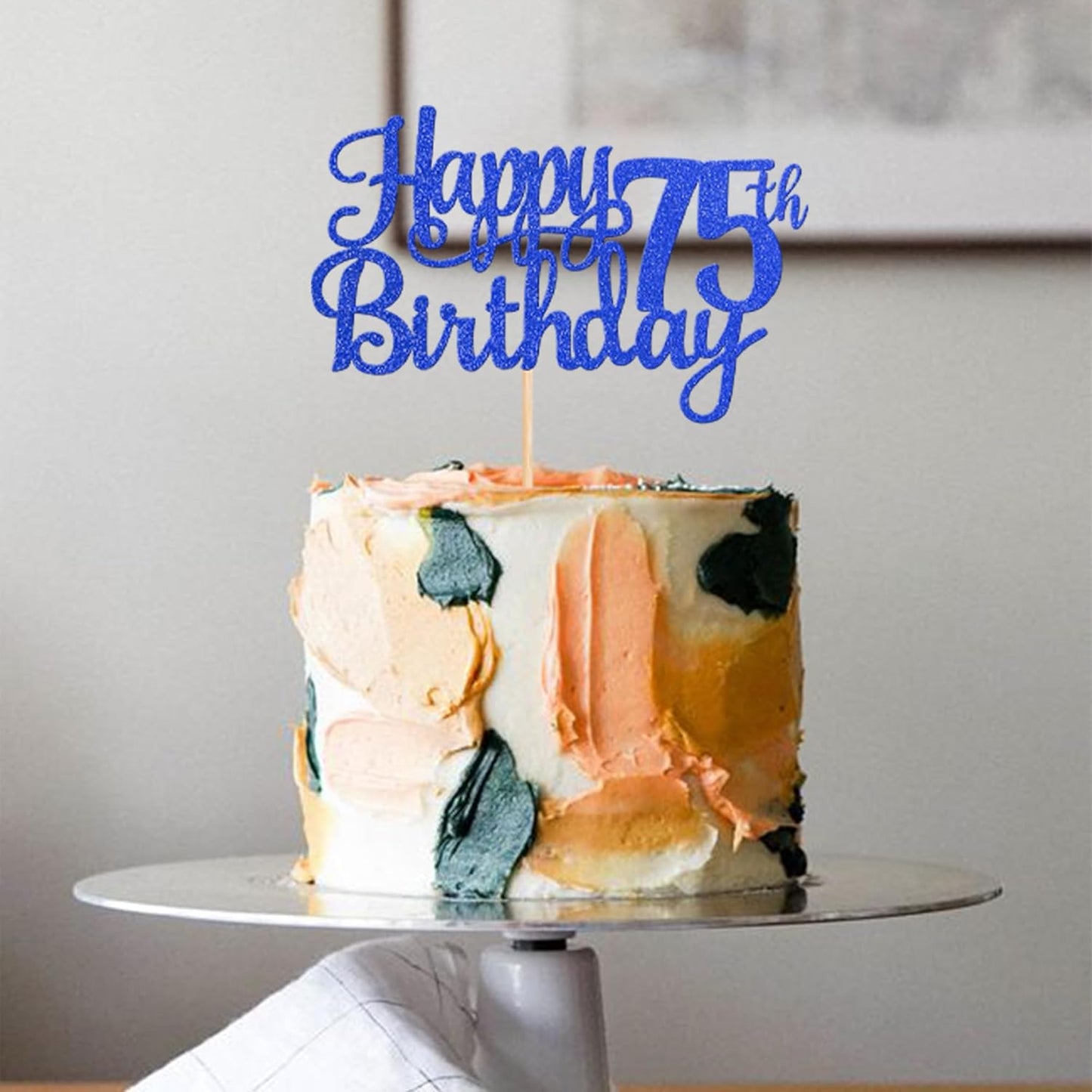 1 PCS Happy 75th Birthday Cake Topper Glitter Cheers to 75 Years Birthday Cake Pick Seventy Five 75 Fabulous Cake Decoration for Happy 75th Birthday Theme Party Decorations Supplies Blue