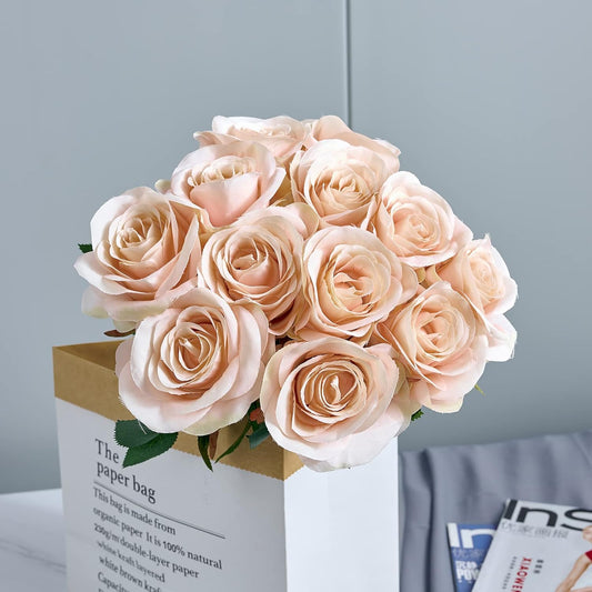 12Pcs Blush Pink Rose Artificial Flowers Faux Roses Silk Rose Fake Flowers Rose with Long Stems for DIY Wedding Bouquets Centerpieces Baby Shower Party Home Decorations (Blush Pink)