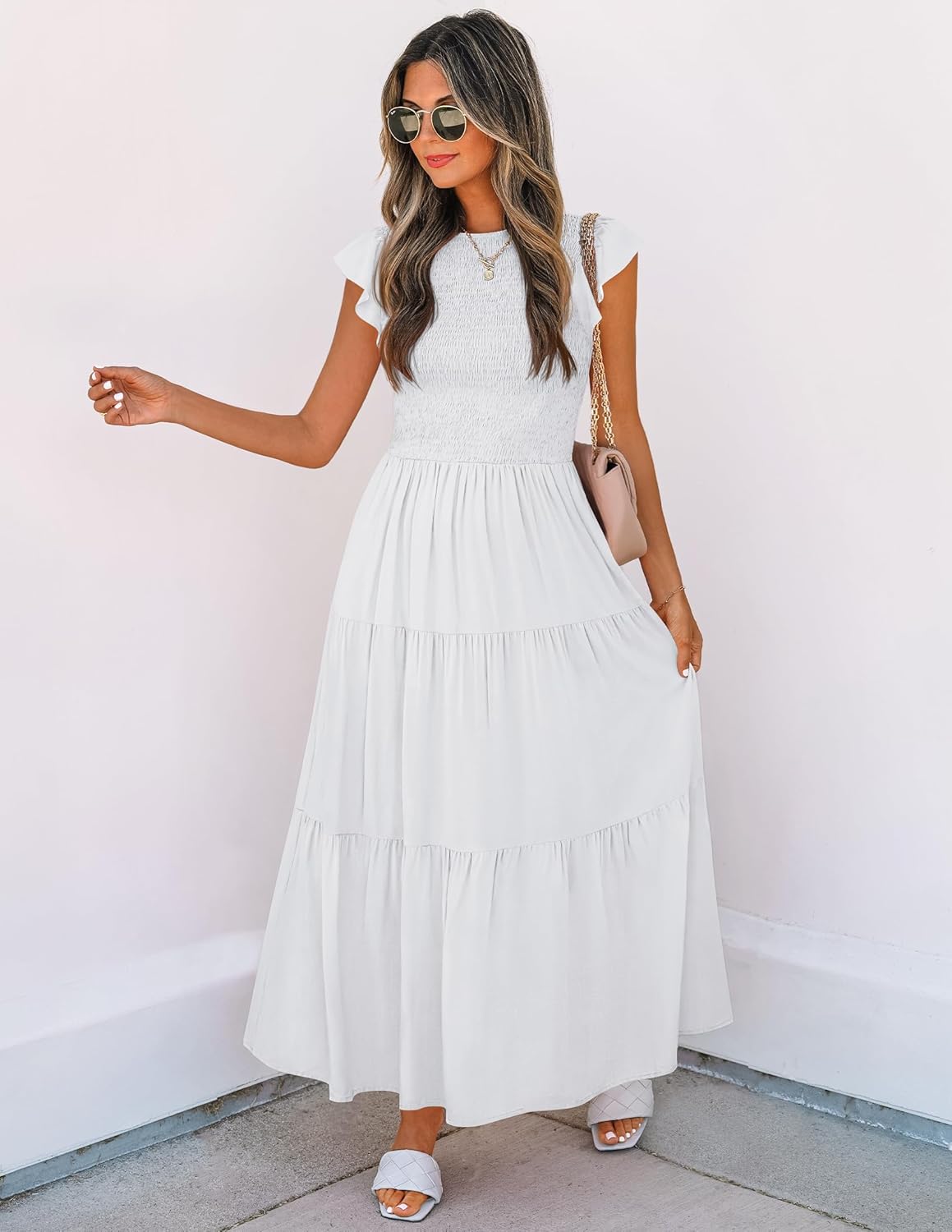 ZESICA Women's 2025 Summer Casual Flutter Short Sleeve Crew Neck Smocked Elastic Waist Tiered Midi Dress