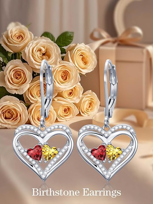 Valentines Day Gifts for Women, Heart Leverback Earrings Double Birthstone Dangle Earrings for Women, Love Jewelry for Her, Anniversary Birthday Gift for Mom Wife Girlfriend