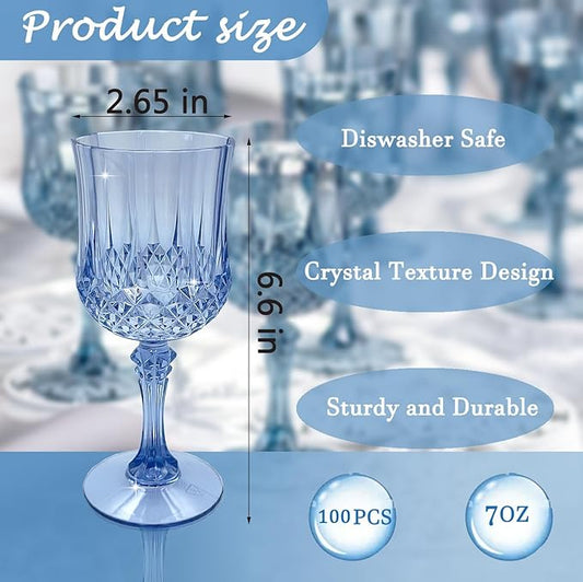 Plastic Wine Glasses, Plastic Goblets Vintage Style Cordial Unbreakable Drinking Glasses, Reusable Drinkware for Wedding Reception, Grand Event Party Supplies, Easter (100, Blue)