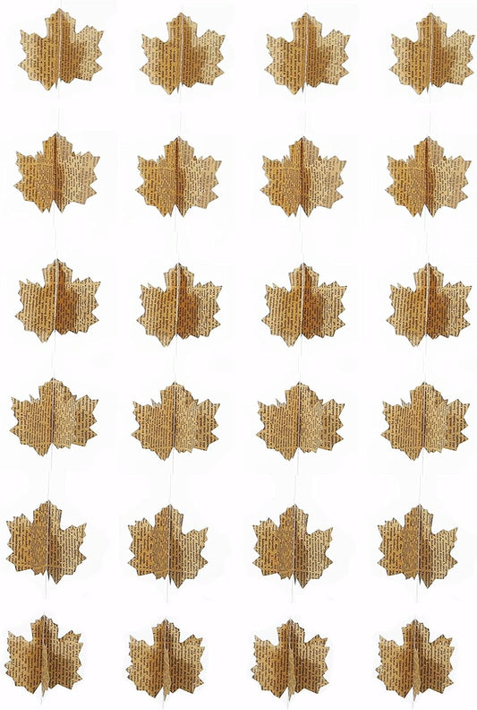 4 Pack 3D Paper Maple Leaf Garland Vintage Pages Recycled Books Leaves Banner Newspaper Bunting Party Autumn Fall Decor Halloween Decorations (Vintage)