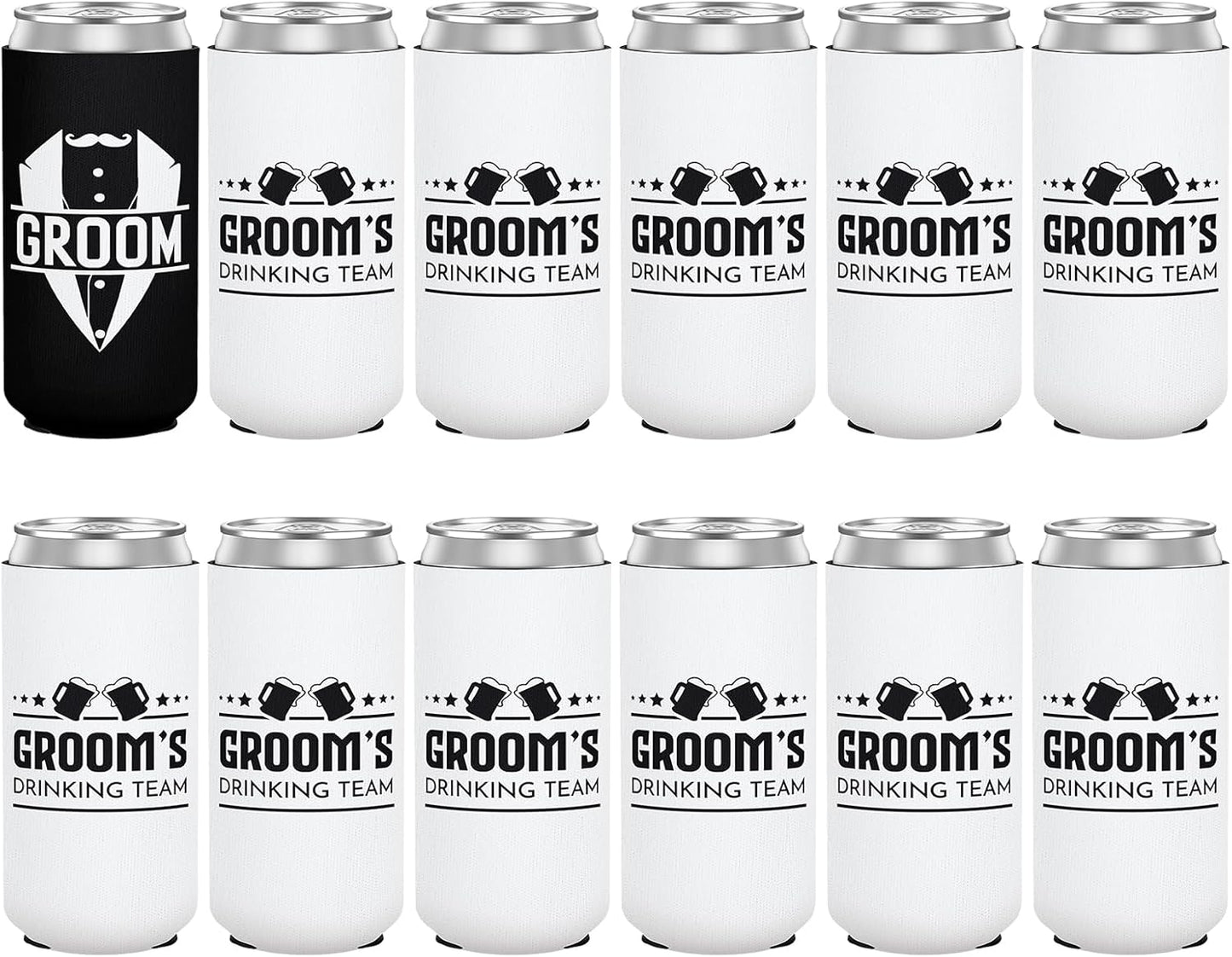 12 Pack Bachelor Party Can Coolers with Groom Squad Design, Insulated Neoprene Beer Sleeves for Men, Black & White Reusable Drink Holders Groomsmen Gifts