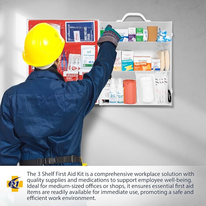 MFASCO OSHA/ANSI 2021 Class B Compliant First Aid Cabinet - Large 3-Shelf Wall Mount Kit for Office, Commercial Businesses - Complete Metal First Aid Box with Supplies - No Medications