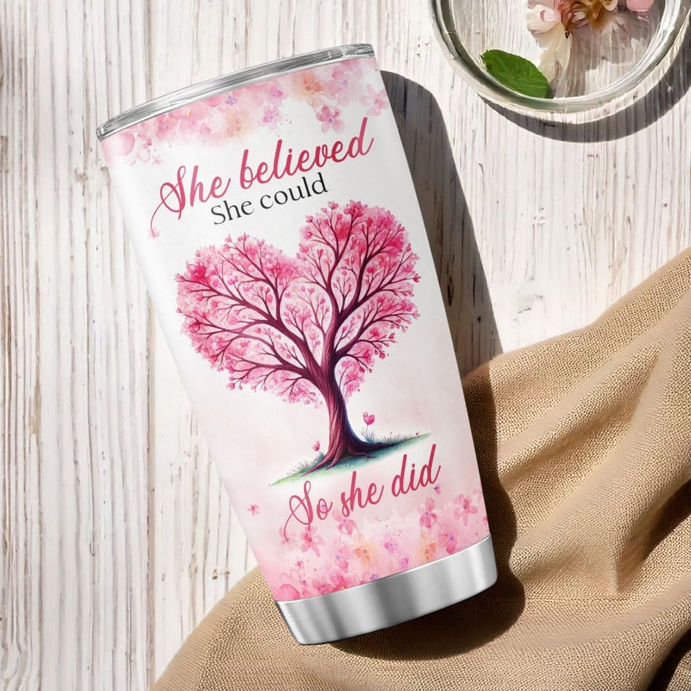 Graduation Gift for Her with Inspirational Heart Tree Design, She Believed Could So Did Quote, 20oz Stainless Steel Insulated Tumbler, Encouraging Present Women, Girls, Students