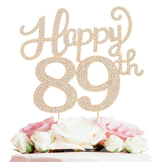 Happy 89th Birthday Decorations,89th Birthday Gold Rhinestone Cake Topper - Cheers to 89 Years Old Bday Party Metal Sparkly Cake Centerpieces Sign.