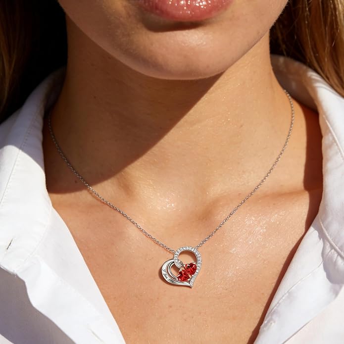 Double Birthstone Heart Necklace 0.8CT Dual-Gemstone S925 Sterling Silver Plated White Gold Engraved I Love You Perfect Anniversary/Valentine's Day Gift for Wife/Girlfriend/Mom/Daughter