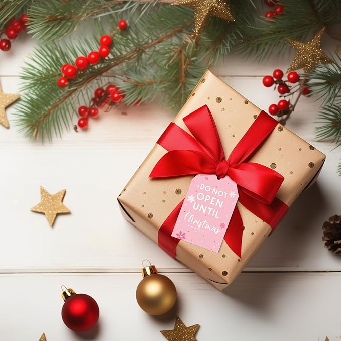 Anwyll Christmas Gift Tags with String - 50Pcs Pink Merry Christmas Name Tags for Gift Xmas to from Tag Have A Merry Little Christmas Tree Label Tag for Present Wrap Goodie Bags Holiday Party Favors