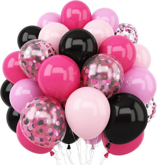 Pink and Black Balloons, 12 Inch Hot Pink Black Balloon with Confetti Balloons for Girls Women Birthday Baby Bridal Shower Wedding Theme Party Decoration