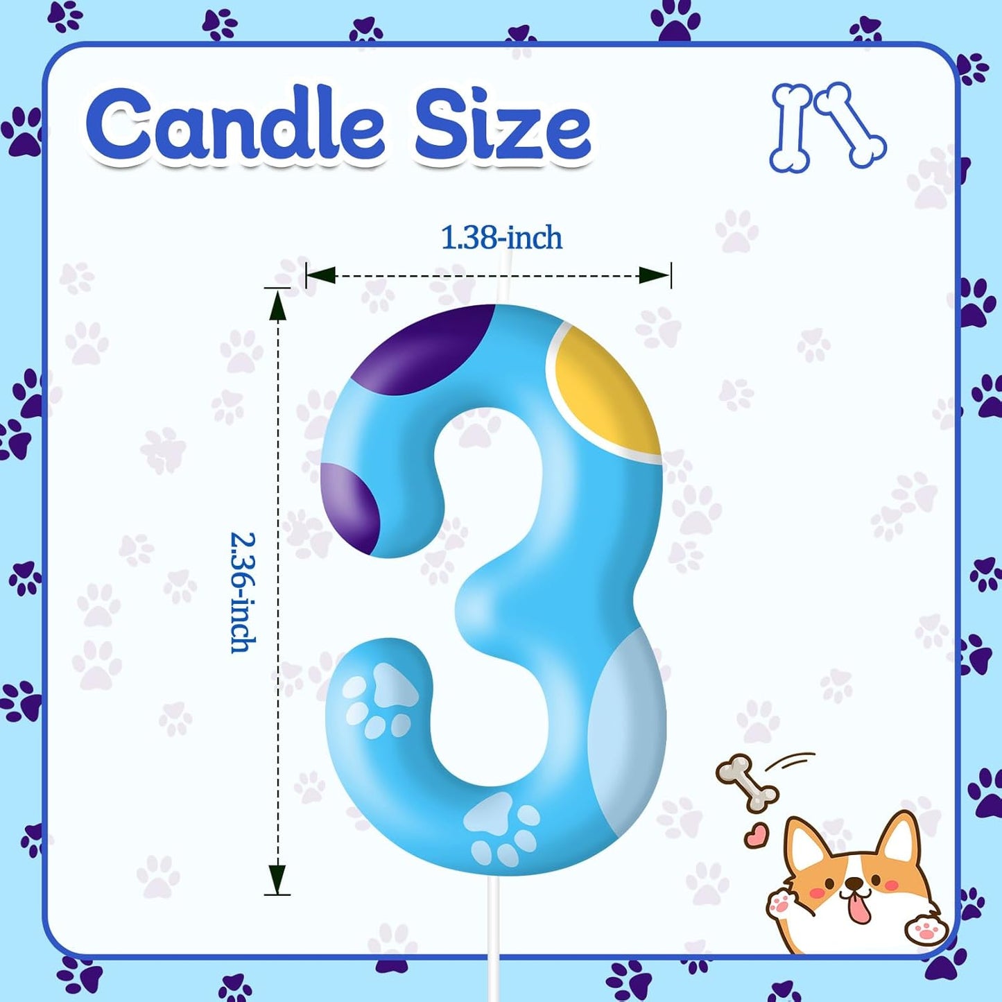 Blue Dog Paw Birthday Candles Cake Topper Numeral Birthday Candles for Boy Girl Dog Paw Decoration(Number 3)