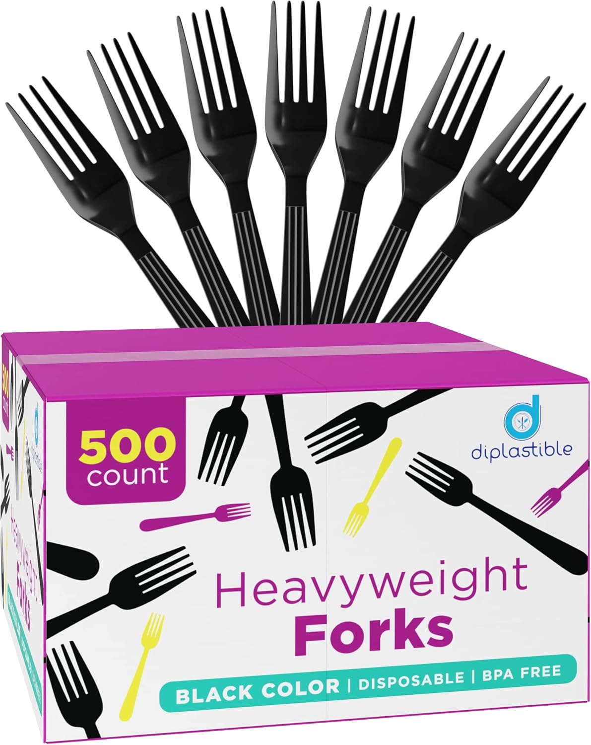 Diplastible Plastic Forks Heavy Duty - Disposable Utensils - 500 Count - Black Forks