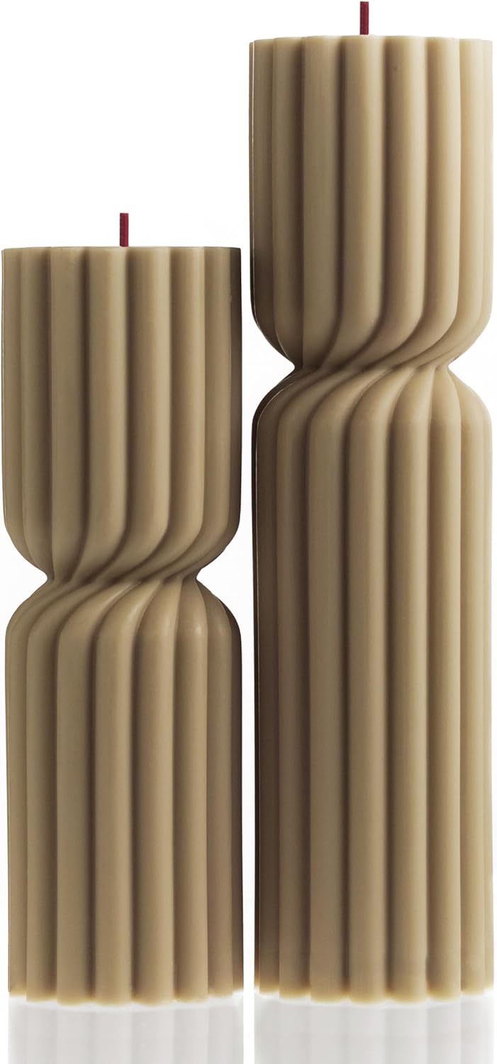 LAWA Spiral Spire Candle - Large Beautiful Handmade Pillar Scented Soy Wax Elegant Bubble Aesthetic Candle Housewarming Gift Home Room Shelf Decor Idea White (Set of 2, Olive Beige)