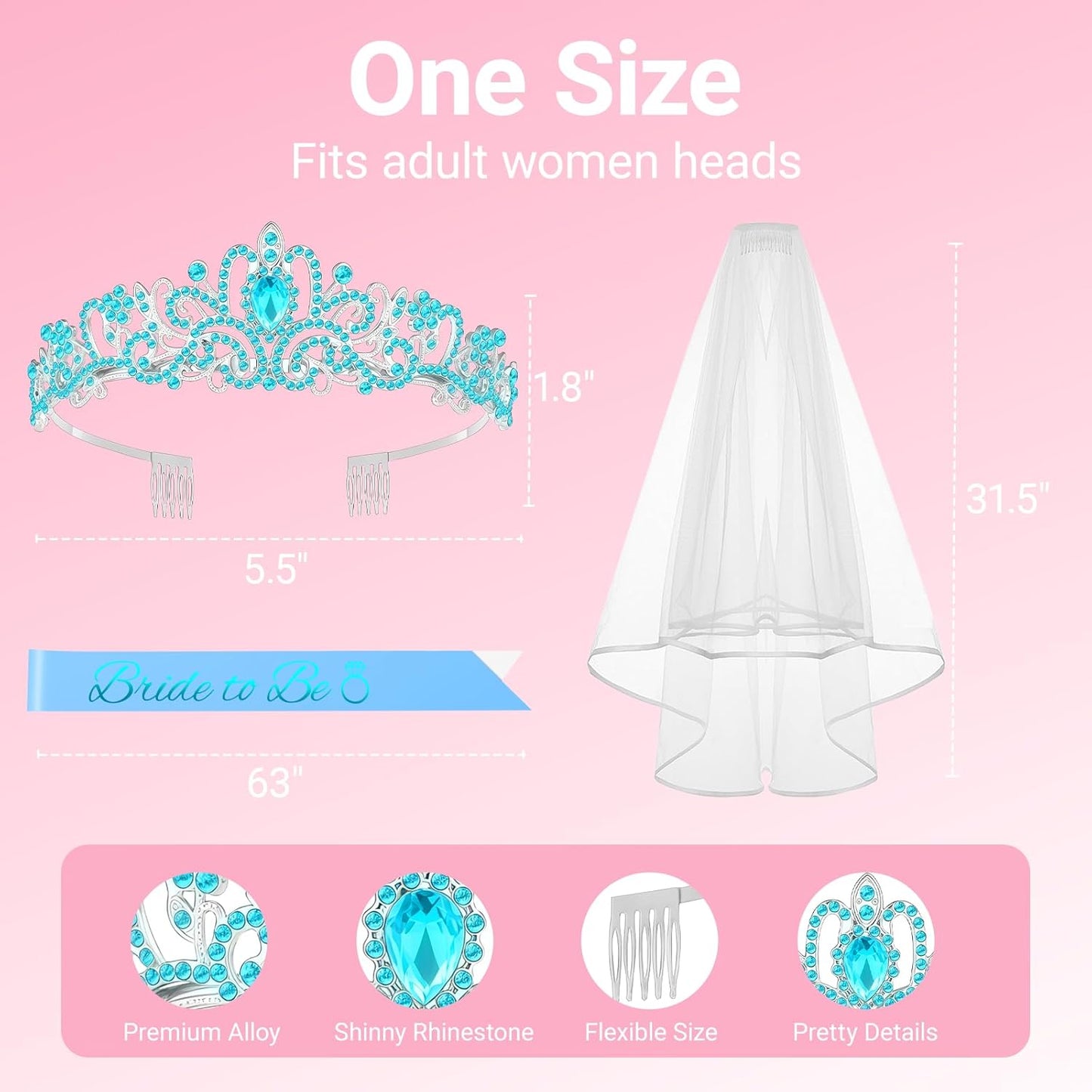3Pcs Bride to Be Crown with Sash and Veil for Bachelorette Party Decorations, Bridal Shower Accessories for Gift, Favors