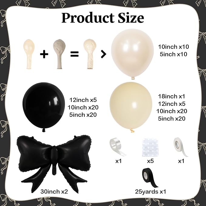 Black Bow Balloon Arch, Black White Coquette Birthday Decorations, Double Stuffed Pearl Sand White Ivory Black Balloon Garland with Foil Bow Balloons for Engagement Wedding Bridal Shower Bachelorette